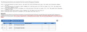 The following transactions were selected from the records of Evergreen Company:
July 12 Sold merchandise to Wally Butler, who paid the $2,000 purchase with cash. The goods cost Evergreen Company
$1,100.
July 15
Sold merchandise to Claudio's Chair Company at a selling price of $7,000 on terms 3/10, n/30. The goods cost
Evergreen Company $4,500.
July 16
Sold merchandise to Otto's Ottomans at a selling price of $4,000 on terms 3/10, n/30. The goods cost Evergreen
Company $2,400.
July 23 Received cash from Claudio's Chair Company for the amount due from July 15.
July 31 Received cash from Otto's Ottomans for the amount due from July 16.
Required:
Prepare journal entries to record the transactions, assuming Evergreen Company records discounts using the gross method in a
perpetual inventory system. (If no entry is required for a transaction/event, select "No Journal Entry Required" in the first account
field.)
View transaction list View journal entry worksheet
No
✓ 2
3
Date
July 12
July 15
No Transaction Recorded
No Transaction Recorded
General Journal
Debit
Credit