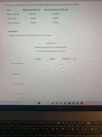 Point, Inc. produces men's shirts. The following budgeted and actual amounts are for 2019:
Cost
Budget at 3,000 units Actual Amounts at 2,800 units
$75,000
87,000
Direct materials
Direct labor
Fixed overhead
Instructions
Prepare a performance report for Point, Inc. for the year.
Direct materials
Direct labor
Fixed overhead
Total costs
F3 + F4 Ⓡ
3 # 4 $
F5
36,000
5 %
F6
Budget
F7 C
Manufacturing Performance Budget Report
For the Year Ended December 31, 2019
6 A
POINT, INC.
Search
F8
$75,000
7 &
78,000
34,500
0:
Actual
F9 60
8 *
Differences F/U
LG
F10
9 (
F11 -
0)
F12 +
Prt Sc
ScrLk
Ins
= +