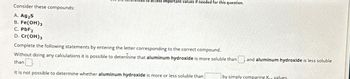 Consider these compounds:
A. Ag₂S
B. Fe(OH)3
C. PbF2
D. Cr(OH)3
to access important values if needed for this question.
Complete the following statements by entering the letter corresponding to the correct compound.
Without doing any calculations it is possible to determine that aluminum hydroxide is more soluble than and aluminum hydroxide is less soluble
than
It is not possible to determine whether aluminum hydroxide is more or less soluble than
by simply comparing Kon values.