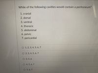 While of the following cavities would contain a peritoneum?
1. cranial
2. dorsal
3. ventral
4. thoracic
5. abdominal
6. pelvic
7. pericardial
O 1, 2, 3, 4, 5, 6, 7
O 2, 3, 4, 5, 6, 7
O 3,5, 6
O 4, 5, 6, 7
O 5,6, 7
