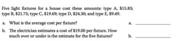 Five light fixtures for a house cost these amounts: type A, $15.83;
type B, $21.75; type C, $19.69; type D, $24.30; and type E, $9.49.
a. What is the average cost per fixture?
b. The electrician estimates a cost of $19.00 per fixture. How
much over or under is the estimate for the five fixtures?
a.
b.