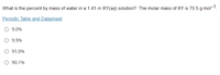 What is the percent by mass of water in a 1.41 m XY(aq) solution? The molar mass of XY is 70.5 g-mol-1.
Periodic Table and Datasheet
O 9.0%
O 9.9%
O 91.0%
O 90.1%
