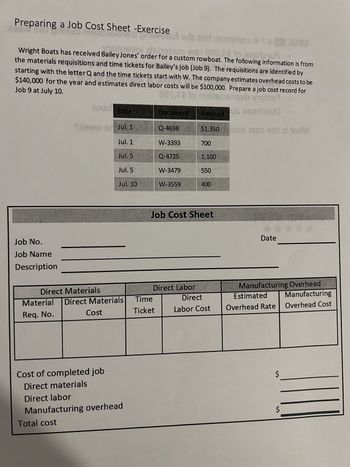 Answered: Preparing a Job Cost Sheet -Exercise… | bartleby