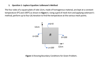 1. Question 1- Laplace Equation: Leibmann's Method
The four sides of a square plate of side 12cm, made of homogenous material, are kept at a constant
temperature 0°C and 100°C as shown in Figure 1. Using a grid of mesh 4cm and applying Leibmann's
method, perform up to four (4) iteration to find the temperature at the various mesh points.
12cm
U=100
➤U=0
R
u=100
U=100
·X
12cm
Figure 1 Showing Boundary Conditions for Given Problem.