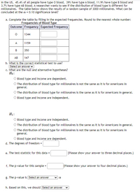 In the US, 45.4% of all people have type O blood, 39% have type A blood, 11.9% have type B blood and
3.7% have type AB blood. A researcher wants to see if the distribution of blood type is different for
millionaires. The table below shows the results of a random sample of 3000 millionaires. What can be
concluded at the a = 0.10 significance level?
a. Complete the table by filling in the expected frequencies. Round to the nearest whole number:
Frequencies of Blood Type
Outcome Frequency Expected Frequency
1344
A
1159
В
350
АВ
147
b. What is the correct statistical test to use?
Select an answer v
c. What are the null and alternative hypotheses?
Но:
Blood type and income are dependent.
O The distribution of blood type for millionaires is not the same as it is for Americans in
general.
O The distribution of blood type for millionaires is the same as it is for Americans in general.
Blood type and income are independent.
H1:
O Blood type and income are independent.
O The distribution of blood type for millionaires is the same as it is for Americans in general.
O The distribution of blood type for millionaires is not the same as it is for Americans in
general.
O Blood type and income are dependent.
d. The degrees of freedom =
e. The test-statistic for this data =
(Please show your answer to three decimal places.)
f. The p-value for this sample =
(Please show your answer to four decimal places.)
g. The p-value is Select an answer
a
h. Based on this, we should Select an answer
