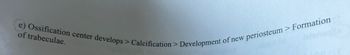 (e) Ossification center develops > Calcification > Development of new periosteum > Formation
of trabeculae.