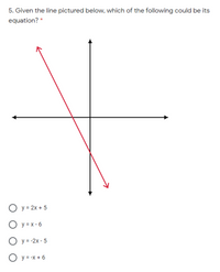 **Question 5: Given the line pictured below, which of the following could be its equation?**

Graph description:
- The graph features a red line that slopes downward from left to right, crossing through the first and third quadrants.
- The line intersects the y-axis above the origin, indicating a negative slope.

Possible equations:
- \( \text{a) } y = 2x + 5 \)
- \( \text{b) } y = x - 6 \)
- \( \text{c) } y = -2x - 5 \)
- \( \text{d) } y = -x + 6 \)

Select the equation that matches the slope and intercept of the line depicted.