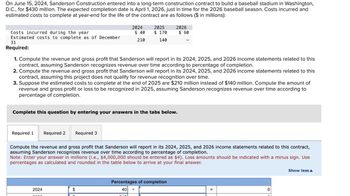 On June 15, 2024, Sanderson Construction entered into a long-term construction contract to build a baseball stadium in Washington,
D.C., for $430 million. The expected completion date is April 1, 2026, just in time for the 2026 baseball season. Costs incurred and
estimated costs to complete at year-end for the life of the contract are as follows ($ in millions):
Costs incurred during the year
Estimated costs to complete as of December
31
Required:
2024
Required 1 Required 2 Required 3
$ 40
210
1. Compute the revenue and gross profit that Sanderson will report in its 2024, 2025, and 2026 income statements related to this
contract, assuming Sanderson recognizes revenue over time according to percentage of completion.
2. Compute the revenue and gross profit that Sanderson will report in its 2024, 2025, and 2026 income statements related to this
contract, assuming this project does not qualify for revenue recognition over time.
3. Suppose the estimated costs to complete at the end of 2025 are $210 million instead of $140 million. Compute the amount of
revenue and gross profit or loss to be recognized in 2025, assuming Sanderson recognizes revenue over time according to
percentage of completion.
2024
2025
$ 170
140
Complete this question by entering your answers in the tabs below.
$
2026
$ 60
Compute the revenue and gross profit that Sanderson will report in its 2024, 2025, and 2026 income statements related to this contract,
assuming Sanderson recognizes revenue over time according to percentage of completion.
Note: Enter your answer in millions (i.e., $4,000,000 should be entered as $4). Loss amounts should be indicated with a minus sign. Use
percentages as calculated and rounded in the table below to arrive at your final answer.
Percentages of completion
40
+
0
Show less A