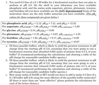 ### Laboratory Buffer Preparation for Biochemical Reactions

You are tasked with preparing a 0.5-liter solution of a 0.1 M buffer for a biochemical reaction at pH 2.0. Available materials in your laboratory include phosphoric acid and the amino acids aspartate, glycine, glutamate, tyrosine, and histidine, all in their fully deprotonated forms. The \( pK_a \) values for these compounds are provided below.

#### \( pK_a \) Values:

- **Phosphoric acid**
  - \( pK_{a1} = 2.12 \)
  - \( pK_{a2} = 7.21 \)
  - \( pK_{a3} = 12.32 \)

- **Aspartate**
  - \( pK_{a \text{COOH}} = 1.88 \)
  - \( pK_{a \text{NH}_3^+} = 9.60 \)
  - \( pK_{a \text{sidechain}} = 3.65 \)

- **Glycine**
  - \( pK_{a \text{COOH}} = 2.34 \)
  - \( pK_{a \text{NH}_3^+} = 9.60 \)

- **Glutamate**
  - \( pK_{a \text{COOH}} = 2.19 \)
  - \( pK_{a \text{NH}_3^+} = 9.67 \)
  - \( pK_{a \text{sidechain}} = 4.25 \)

- **Histidine**
  - \( pK_{a \text{COOH}} = 1.82 \)
  - \( pK_{a \text{NH}_3^+} = 9.17 \)
  - \( pK_{a \text{sidechain}} = 6.00 \)

- **Tyrosine**
  - \( pK_{a \text{COOH}} = 2.20 \)
  - \( pK_{a \text{NH}_3^+} = 9.11 \)
  - \( pK_{a \text{sidechain}} = 10.07 \)

#### Questions for Analysis:

a. **Buffer Resistance to pH Change