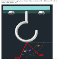 Determine graphically the magnitude and direction of their resultant when P = 200 lbs and Q = 380 lbs
with a = -45* and B = -115*.
%3D
-45°
25° 45°
-115°
380lb
200lb
