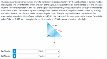 The drawing shows a horizontal ray of white light incident perpendicularly on the vertical face of a prism made of
crown glass. The ray enters the prism, and part of the light undergoes refraction at the slanted face and emerges
into the surrounding material. The rest of the light is totally internally reflected and exits through the horizontal
base of the prism. The colors of light that emerge from the slanted face of the prism may be chosen by altering
the index of refraction of the material surrounding the prism. Find the required index of refraction of the
surrounding material so that (a) only red light and (b) all colors except violet emerge from the slanted face of the
prism. Take n = 1.520 for crown glass for red light, and n = 1.538 for crown glass for violet light.
(a) Number
(b) Number i
i
Units
Units
45.00⁰
90.00⁰
>