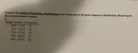 Construct the relative frequency distribution that corresponds to the given frequency distribution. Round up to
the second decimals if needed.
5)
Height (inches) Frequency
69.0 - 71.9
15
72.0 - 749
20
75.0 - 77.9
13
78.0 80.9
81.0 - 83.9
17
10
