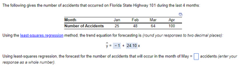 The following gives the number of accidents that occurred on Florida State Highway 101 during the last 4 months:
Month
Jan
Number of Accidents 25
Feb
48
Mar
64
Apr
100
Using the least-squares regression method, the trend equation for forecasting is (round your responses to two decimal places):
y = -1 + 24.10 x
Using least-squares regression, the forecast for the number of accidents that will occur in the month of May
response as a whole number).
=
accidents (enter your