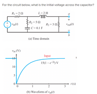 For the circuit below, what is the initial voltage across the capacitor?
R =2 Q
L= 2 H
ll
+
R2=5 N
Vin(1)
R -3Ω
Vout(t)
C= 0.1 F
b
(a) Time domain
Vin (V)
Input
15(1 – e-2) V
10
1 (s)
3
1
2
(b) Waveform of vin(t)
