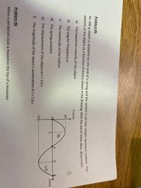 Problem #5
An 100 g object is attached to one end of a spring and the system is set into simple harmonic motion. Tme
velocity of the object as a function of time is shown in the drawing. With the aid of these data, determine:
a) The maximum velocity of the object
V (m/s)
b) The angular frequency w
10
c) The amplitude of the motion
10
4
6.
d) The spring constant
time
-10
e) The displacement of the object at t = 5.0 s
10
f) The magnitude of the object's acceleration at t = 5.0 s
Problem #6
When a pendulum clock is moved on the top of a mountain
