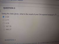 QUESTION 3
Using the data given, what is the result of your Chi-squared analysis? x=
2.22
О 2.71
4.36
187.78
448.27
QUESTION 4
Our Chi-squared analysis do we fail to reject or reject the nul
