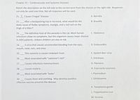 Chapter 21- Cardiovascular and Systemic Diseases
Match the description on the left side to the correct term from the choices on the right side. Responses
can only be used one time. Not all responses will be used.
21. L. Causes Chagas' Disease
A. Borrelia
22.
After a backpacking trip in Vermont, what would be the
B. Brucella
likely cause of flulike symptoms, myalgia, and a red rash on the
thigh of a hiker?
C. Ebolavirus
The definitive host of this parasite is the cat. Most human
infections show no symptoms, but this organism causes major disease
23.
in.AIDS patients. Unborn children are also at risk.
24.
A virus that causes uncontrolled bleeding from the eyes,
D. Endocarditis
mouth, nose, ears, and anus.
25.
This zoonosis is causes Undulant Fever.
E. Epstein-Barr virus
26.
Most associated with "swimmer's itch"
F. Erlichiosis
27. Causes infectious mononucleosis
G. Flavivirus
28.
Causes malaria
H. Francisella tularensis
29.
Most associated with "bubo"
I. Plasmodium
30.
Causes fever and vomiting. May develop jaundice.
J. Schistosoma
Effective vaccine prevents the disease.
K. Toxoplasma gondii
L. Trypanosoma cruzi
M. Yersinia
