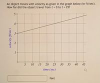 An object moves with velocity as given in the graph below (in ft/sec).
How far did the object travel from t = 0 to t = 25?
4
1
10
15
20
25
30
40
45
time (sec)
feet
35
3.
velocity (ft/sec)
