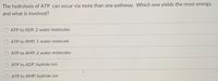 ---

**Title: Understanding ATP Hydrolysis Pathways**

**The Hydrolysis of ATP**

ATP, or Adenosine Triphosphate, is a crucial molecule used for energy transfer within cells. The hydrolysis of ATP can occur via more than one pathway, each yielding different amounts of energy. Below are the options one might encounter:

1. **ATP to ADP, 2 water molecules**
2. **ATP to AMP, 1 water molecule**
3. **ATP to AMP, 2 water molecules**
4. **ATP to ADP, hydride ion**
5. **ATP to AMP, hydride ion**

**Question: Which pathway yields the most energy, and what is involved?**

This query invites reflection on the processes and energy yields of ATP hydrolysis. When answering, consider the reaction pathways and the transformation of ATP into other molecules such as ADP (Adenosine Diphosphate) or AMP (Adenosine Monophosphate), as well as the specific reactants involved, such as water molecules or hydride ions.

The breakdown of ATP into AMP is typically associated with a higher energy release compared to the conversion of ATP into ADP, largely due to the nature of the bonds being broken and formed in the process.

**Educational Note:**
Understanding these pathways is essential for comprehending cellular energy dynamics and bioenergetics. This knowledge is fundamental in fields such as biochemistry, molecular biology, and physiology.

---