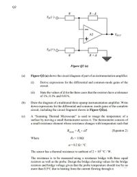 Q2
R
R- A
VIN(-)
A2
VOUT
VIN(+)
R
R+ 4
Figure Q2 (a)
(a)
Figure Q2 (a) shows the circuit diagram of part of an instrumentation amplifier.
(i)
Derive expressions for the differential and common-mode gains of the
circuit.
(ii)
State the values of 4 for the three cases that the resistors have a tolerance
of 1%, 0.1% and 0.01%.
(b)
Draw the diagram of a traditional three-opamp instrumentation amplifier. Write
down expressions for the differential and common-mode gains of the complete
circuit, including the circuit fragment shown in Figure Q2(a).
A “Scanning Thermal Microscope" is used to image the temperature of a
surface by moving a small thermometer across it. The thermometer consists of
a small resistance element whose resistance changes with temperature such that
(c)
R-
RSTHM
+ aT
{Equation 2}
Where
Ro = 1102
α- 0.2 Ω/ C
The sensor has a thermal resistance to ambient of 2 x 105 °C / W.
The resistance is to be measured using a resistance bridge with three equal
resistors as well as the probe. Design the bridge choosing values for the bridge
resistors and bridge voltage given that the probe temperature should rise by no
more than 0.5°C due to heating from the current flowing through it.
