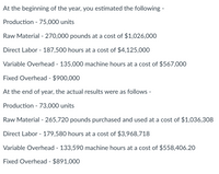 At the beginning of the year, you estimated the following -
Production - 75,000 units
Raw Material - 270,000 pounds at a cost of $1,026,000
Direct Labor - 187,500 hours at a cost of $4,125,000
Variable Overhead - 135,000 machine hours at a cost of $567,000
Fixed Overhead - $900,000
At the end of year, the actual results were as follows -
Production - 73,000 units
Raw Material - 265,720 pounds purchased and used at a cost of $1,036,308
Direct Labor - 179,580 hours at a cost of $3,968,718
Variable Overhead - 133,590 machine hours at a cost of $558,406.20
Fixed Overhead - $891,000
