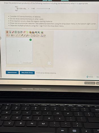 [Review Topics]
[References]
Draw the predominant product(s) of the following reactions including stereochemistry when it is appropriate.
H₂C
HC-CEC-CH3 + 1 HCI
H₂C
• Consider E/Z stereochemistry of alkenes.
• Do not show stereochemistry in other cases.
• If no reaction occurs, draw the organic starting material.
• Draw one structure per sketcher. Add additional sketchers using the drop-down menu in the bottom right corner.
•
⚫ Separate multiple products using the + sign from the drop-down menu.
0
4
/
Sn
?
ChemDoodle
Submit Answer
Retry Entire Group
9 more group attempts remaining
AW
DII
F5
$
%
4
5
Cengage Learning | Cengage Technical Support
R
T
Y
&
7
F7
PrtScnFB
Home
End
PgUp
F9
F10
F11
PgDnF12
U
8
I
(
9
O
F
G
H
J
K
L
V
B
N
M
Previous
Nex
Email Instructor
Sav
P
{
}
[
]
Alt
目
?
Ins
Back