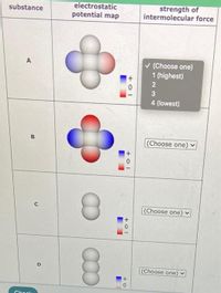 electrostatic
potential map
strength of
intermolecular force
substance
v (Choose one)
1 (highest)
A
+1
3
4 (lowest)
(Choose one) v
(Choose one) v
(Choose one) v
Chesl
+ o
