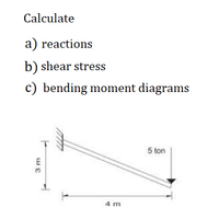 Calculate
a) reactions
b) shear stress
c) bending moment diagrams
5 ton
4 m
