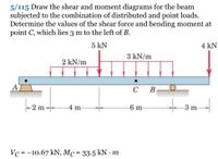 **Problem 5/115: Beam Analysis**

**Objective:**
Draw the shear and moment diagrams for the beam subjected to a combination of distributed and point loads. Determine the shear force and bending moment at point C, which lies 3 m to the left of B.

**Diagram Explanation:**

The beam is supported at two points: a pin at point A and a roller at point B, with a total span of 15 meters divided into three segments:
- Between A and C: 6 meters (2 m + 4 m)
- Between C and B: 6 meters
- Beyond B: 3 meters

**Loads:**
- A point load of 5 kN is applied at 2 meters from the left end (A).
- A uniformly distributed load (UDL) of 2 kN/m covers the 4-meter span from 2 m to 6 m.
- Another uniformly distributed load (UDL) of 3 kN/m covers the 6-meter span from 6 m to 12 m.
- A point load of 4 kN is applied at the right end of the beam (at the 15-meter mark).

**Shear and Moment Calculations:**
- Shear Force at C, \( V_C = -10.67 \) kN
- Bending Moment at C, \( M_C = 33.5 \) kN·m

These calculations determine the internal forces within the beam at point C, needed for the design and analysis of the structure.

**Note for Students:**
Understanding how to calculate shear and moment diagrams is crucial for structural analysis and design. Practice drawing these diagrams and confirm calculations using equilibrium equations.