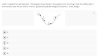 A ball is released from rest at position 1. The diagram shows the ball in four positions as it rolls along a track from left to right. In
which position does the ball have its minimum gravitational potential energy and maximum kinetic energy?
...
A
1
B 2
D
4
E) 5
