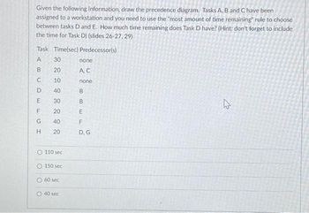 Given the following information, draw the precedence diagram. Tasks A, B and C have been
assigned to a workstation and you need to use the "most amount of time remaining" rule to choose
between tasks D and E. How much time remaining does Task D have? (Hint: don't forget to include
the time for Task D) (slides 26-27, 29)
Task Time(sec) Predecessor(s)
AB
А
30
20
C 10
D 40
E
30
F
20
G
40
H
20
O 110 sec
O 150 sec
O 60 sec
O 40 sec
none
A, C
none
B
BEFO
D. G
h