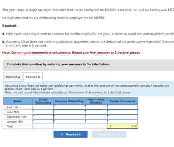 This year Lloyd, a single taxpayer, estimates that his tax liability will be $13,000. Last year, his total tax liability was $17,0
He estimates that his tax withholding from his employer will be $9,700.
Required:
a. How much does Lloyd need to increase his withholding by (for the year), in order to avoid the underpayment penalty
b. Assuming Lloyd does not make any additional payments, what is the amount of his underpayment penalty? Assume
short-term rate is 5 percent.
Note: Do not round intermediate calculations. Round your final answers to 2 decimal places.
Complete this question by entering your answers in the tabs below.
Required A Required B
Assuming Lloyd does not make any additional payments, what is the amount of his underpayment penalty? Assume the
federal short-term rate is 5 percent.
Note: Do not round intermediate calculations. Round your final answers to 2 decimal places.
Required Withholding
Penalty Per Quarter
Dates
April 15th
June 15th
September 15th
January 15th
Total
Actual
Withholding
< Required A
Over (Under)
Withheld
Required B >
0.00