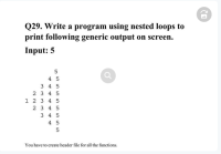 **Question 29: Write a program using nested loops to print the following generic output on screen.**

**Input: 5**

```
            5
         4  5
      3  4  5
   2  3  4  5
1  2  3  4  5
```

**Note:** You have to create a header file for all the functions.

**Explanation of the Pattern:**

For an input of 5, the output consists of 5 lines. Each line i (where i goes from 1 to the input number, inclusive) has:

- (input - i) number of spaces at the beginning.
- i numbers starting from the line number up to the input number.

**Key Points:**

- The pattern starts with whitespaces that decrement with each line.
- Numbers begin printing from the line number and continue until the input number.
- Use nested loops for spacing and numbers output generation.

**Example Breakdown for Input 5:**

1st Line (i = 1):
- Whitespaces: 5 - 1 = 4 spaces
- Numbers: 1 2 3 4 5

2nd Line (i = 2):
- Whitespaces: 5 - 2 = 3 spaces
- Numbers: 2 3 4 5

3rd Line (i = 3):
- Whitespaces: 5 - 3 = 2 spaces
- Numbers: 3 4 5

4th Line (i = 4):
- Whitespaces: 5 - 4 = 1 space
- Numbers: 4 5

5th Line (i = 5):
- Whitespaces: 5 - 5 = 0 spaces
- Numbers: 5

**Writing the Program:**

You can implement this pattern using nested loops in various programming languages like C, C++, Java, Python, etc. Ensure you also create a header file if necessary as part of your coding standards or requirements.