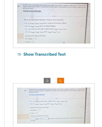 K
The data in the accompanying table represent the number of com plants in randomly sampled rows (a 17-foot by 5-inch
strip) for various types of plots. An agricultural researcher wants to know whether the mean numbers of plants for each
plot type are equal.
Click here to view the data table
Write the null and alternative hypotheses. Choose the correct answer below.
Pspring Phot and H₁: at least one of the means is different
OA. Ho: Hshadge
OB. Ho: studge spring and H₁: the means are different
OC. Ho at least one of the means is different and H₁: Pstadgespring hol
OD. Ho: Hsludge Pspring Hot and Hy: Psludge Pspring Phot
Calculate the Test Statistic and P.Value.
Test Statistic: F=
P-Value: p=
G
Show Transcribed Text
K
The data in the accompanying table represent the number of com plants in randomly sampled rows (a 17-foot by 5-inch
strip) for various types of plots. An agricultural researcher wants to know whether the mean numbers of plants for each
plot type are equal.
Click here to view the data table
OC. Ho at least one of the means is different and Hy Page Papring Pho
OD. Ho Pakage songs and Hy: Pstadge Paping Po
Calculate the Test Statistic and P-Value
Test Statistic: F-
P.Value: p
Should the null hypothesis be rejected?
Ho, there is
not equal
evidence to conclude that the mean numbers of plants for each plot type are