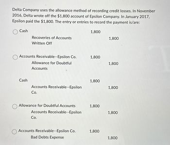 Delta Company uses the allowance method of recording credit losses. In November
2016, Delta wrote off the $1,800 account of Epsilon Company. In January 2017,
Epsilon paid the $1,800. The entry or entries to record the payment is/are:
Cash
Recoveries of Accounts
Written Off
Accounts Receivable--Epsilon Co.
Cash
Allowance for Doubtful
Accounts
Accounts Receivable--Epsilon
Co.
1,800
1,800
1,800
1,800
1,800
1,800
Allowance for Doubtful Accounts
1,800
Accounts Receivable--Epsilon
1,800
Co.
☐ Accounts Receivable--Epsilon Co.
1,800
Bad Debts Expense
1,800