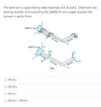 The bent bar is supported by slider bearings at A, B and C. Determine the
bearing reaction at A caused by the 36000 N-mm couple. Express the
answer in vector form.
36000 N mm
As0 mm
B
810 mm
720 mm
36000 N-mm
A
450 mm
810 mm
720 mm
FBD
(90 N) j
(90 N) k
O (90 N) i
O (90 N) i + (90 N) k
