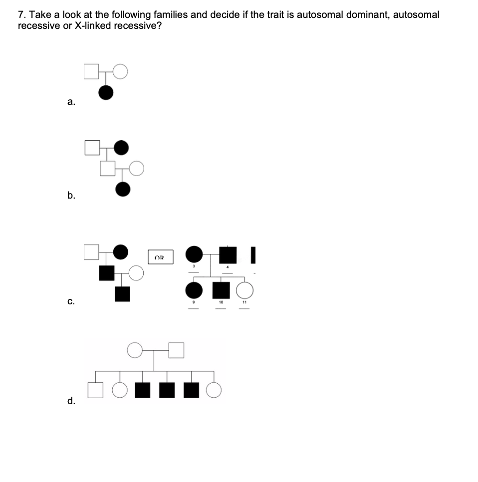 7. Take a look at the following families and decide if the trait is autosomal dominant, autosomal
recessive or X-linked recessive?
