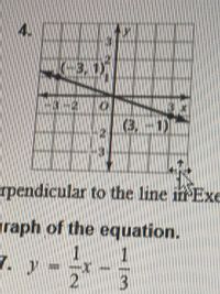 The image contains a graph and some mathematical text.

### Graph Description
- The graph is a coordinate plane with x and y axes, both ranging from -4 to 4.
- A line is drawn on the graph, passing through the points (-2, 1) and (3, 2).
- The point (0, -1) is also labeled on the graph.
- The line seems to have a positive slope, going upward from left to right.

### Text Description
1. **Equation Line**:
   - The line's equation appears to relate to the transformation or characteristics of the graph shown.

2. **Mathematical Expression**:
   - "7. \( y = \frac{1}{2}x - \frac{1}{3} \)"
   - This expression suggests a linear equation that might pertain to analyzing or drawing graphs similar to the one shown.

The rest of the text around the image seems to relate to exercises in algebra or graphing, involving analyzing perpendicular lines or applying transformations to graphs based on given equations.