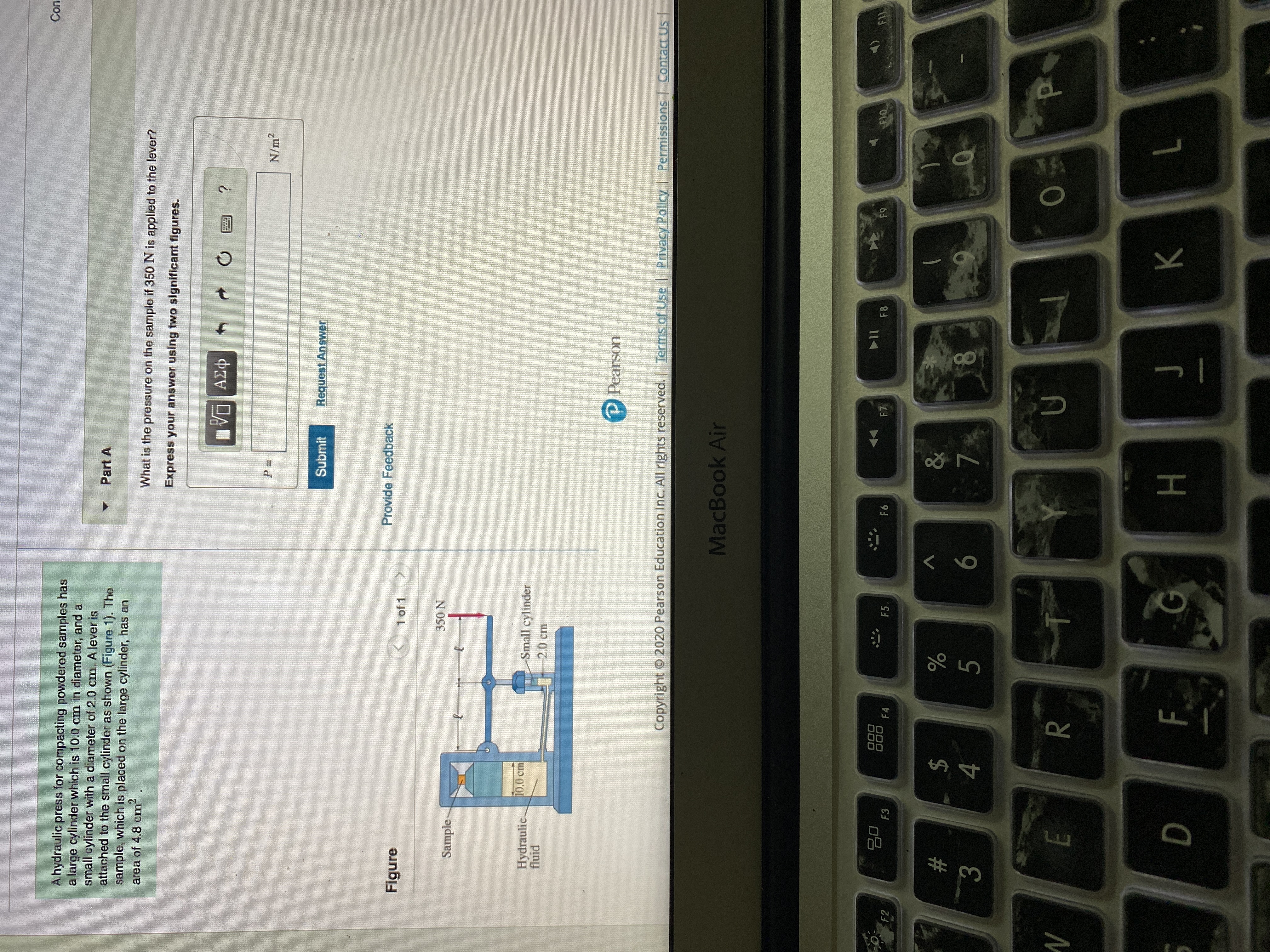 What is the pressure on the sample if 350 N is applied to the lever?
