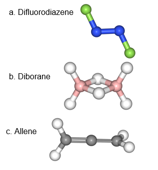 **Molecular Structures**

In the image, three different molecular structures are depicted:

1. **Difluorodiazene (a):**
   - This molecule consists of two nitrogen atoms (blue) connected in a linear arrangement, each bonded to one fluorine atom (green). The model illustrates the bond angles and spatial arrangement of the atoms.

2. **Diborane (b):**
   - This structure features a combination of boron (pink) and hydrogen (white) atoms. The boron atoms are in the center, with bridge hydrogen atoms creating a three-dimensional arrangement. This highlights the unique bonding structure known as three-center two-electron bonds.

3. **Allene (c):**
   - Allene is shown with a linear chain of carbon atoms (dark gray), each double-bonded to another carbon. The outer carbon atoms are bonded to hydrogen atoms (white). The model emphasizes the planar configuration around the central carbon.

These molecular models are useful for understanding the three-dimensional geometry and bonding of the respective compounds.