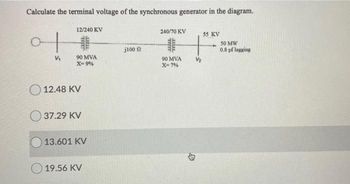 Calculate the terminal voltage of the synchronous generator in the diagram.
12/240 KV
어
j100 Q
V₁ 90 MVA
X-9%
90 MVA
X-7%
12.48 KV
37.29 KV
13.601 KV
19.56 KV
240/70 KV
55 KV
50 MW
0.8 pflagging
貨