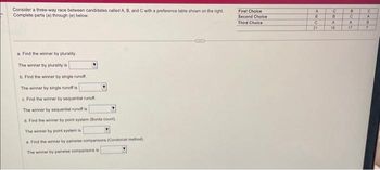 Consider a three-way race between candidates called A, B, and C with a preference table shown on the right
Complete parts (a) through (e) below.
a. Find the winner by plurality.
The winner by plurality is
b. Find the winner by single runoff.
The winner by single runoff is
c. Find the winner by sequential runoff.
The winner by sequential runoff is
d. Find the winner by point system (Borda count).
The winner by point system is
e. Find the winner by pairwise comparisons (Condorcet method)
The winner by pairwise comparisons is
First Choice
Second Choice
Third Choice
A
B
C
21
C
B
A
19
B
C
A
17
C
A
B
7