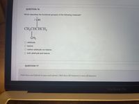 QUESTION 16
Which describes the functional group(s) of the following molecule?
:OH
CH;CHCHCH;
CH3
O aldehyde
O ketone
O neither aldehyde nor ketone
O both aldehyde and ketone
QUESTION 17
Click Save and Submit to save and submit. Click Save All Answers to save all ansuwers.
MacBook Pro
