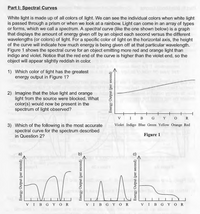 **Part I: Spectral Curves**

White light is made up of all colors of light. We can see the individual colors when white light is passed through a prism or when we look at a rainbow. Light can come in an array of types or forms, which we call a spectrum. A spectral curve (like the one shown below) is a graph that displays the amount of energy given off by an object each second versus the different wavelengths (or colors) of light. For a specific color of light on the horizontal axis, the height of the curve will indicate how much energy is being given off at that particular wavelength.

**Figure 1** shows the spectral curve for an object emitting more red and orange light than indigo and violet. Notice that the red end of the curve is higher than the violet end, so the object will appear slightly reddish in color.

1) **Which color of light has the greatest energy output in Figure 1?**

2) **Imagine that the blue light and orange light from the source were blocked. What color(s) would now be present in the spectrum of light observed?**

3) **Which of the following is the most accurate spectral curve for the spectrum described in Question 2?**

**Explanation of the Diagrams:**

- **Figure 1** shows a spectral curve graph with the horizontal axis labeled with colors: Violet (V), Indigo (I), Blue (B), Green (G), Yellow (Y), Orange (O), and Red (R). The vertical axis is labeled "Energy Output (per second)." The curve indicates higher energy output towards the red end of the spectrum.
  
- Three spectral curve options (a, b, and c) are provided for Question 3:
  - **Diagram (a)** shows varying energy outputs across the spectrum with distinct peaks.
  - **Diagram (b)** shows two distinct peaks with very low energy outputs in between.
  - **Diagram (c)** shows very low energy output across all colors, except for one peak.

These diagrams help visualize how different colors contribute to the overall energy output of light emitted by an object.