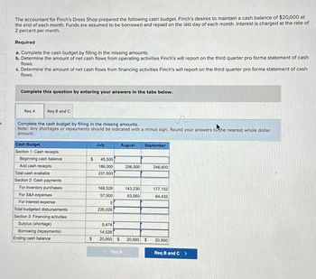The accountant for Finch's Dress Shop prepared the following cash budget. Finch's desires to maintain a cash balance of $20,000 at
the end of each month. Funds are assumed to be borrowed and repaid on the last day of each month. Interest is charged at the rate of
2 percent per month.
Required
a. Complete the cash budget by filling in the missing amounts.
b. Determine the amount of net cash flows from operating activities Finch's will report on the third quarter pro forma statement of cash
flows.
c. Determine the amount of net cash flows from financing activities Finch's will report on the third quarter pro forma statement of cash
flows.
Complete this question by entering your answers in the tabs below.
Req A
Req B and C
S
Complete the cash budget by filling in the missing amounts.
Note: Any shortages or repayments should be indicated with a minus sign. Round your answers to the nearest whole dollar
amount.
Cash Budget
July
August
September
Section 1: Cash receipts
Beginning cash balance
$
45,500
Add cash receipts
Total cash available
186,000
231,500
206,000
246,600
Section 2: Cash payments
For inventory purchases
168,526
143,230
177,152
For S&A expenses
57,500
63,560
64,432
For interest expense
0
226,026
Total budgeted disbursements
Section 3: Financing activities
Surplus (shortage)
Borrowing (repayments)
Ending cash balance
5,474
14,526
$ 20,000 $ 20,000
$
20,000
Req A
Req B and C >