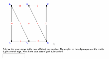 B
20
A
2
D
4
19.
F
12
E
Eulerize the graph above in the most efficient way possible. The weights on the edges represent the cost to
duplicate that edge. What is the total cost of your eulerization?