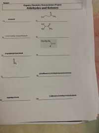 Name:
Organic Chemistry Nomenclature Project
Aldehydes and Ketones
H,C
CH3
propanal
1)
2)
H3C
H3C
CH3
3,3,6-trimethyl- 4 propylheptanal
3)
4)
CH3CH2CH2
C=0
4-cyclobutyl-2-pentenal
5)
6).
CH2
2,6-difluoro-3,3,5-trihydroxycyclooctanone
8)
7)
2-dibromo-2-methyl-4-nitrobutanal
4-pentyn-2-one
10)
9)
