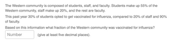 The Western community is composed of students, staff, and faculty. Students make up 55% of the
Western community, staff make up 20%, and the rest are faculty.
This past year 30% of students opted to get vaccinated for influenza, compared to 20% of staff and 90%
of faculty.
Based on this information what fraction of the Western community was vaccinated for influenza?
Number
(give at least five decimal places).