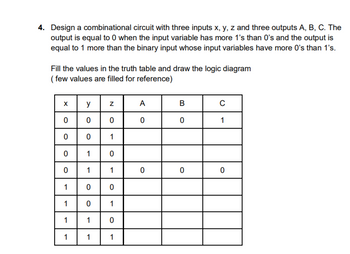 4. Design a combinational circuit with three inputs x, y, z and three outputs A, B, C. The
output is equal to 0 when the input variable has more 1's than 0's and the output is
equal to 1 more than the binary input whose input variables have more 0's than 1's.
Fill the values in the truth table and draw the logic diagram
(few values are filled for reference)
X
0
0
0
0
1
1
1
1
y
0
0
1
1
0
0
1
1
Z
0
1
0
1
0
1
0
1
A
0
0
B
0
0
C
1
0