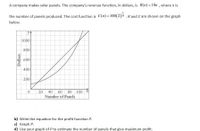 A company makes solar panels. The company's revenue function, in dollars, is R(n)= 10n , where n is
the number of panels produced. The cost function is C(n) = 100(2)30 . R and C are shown on the graph
below.
y
1000
800
600
400
200
20 40 60 80 100 1
Number of Panels
b) Write the equation for the profit function P.
c) Graph P.
d) Use your graph of P to estimate the number of panels that give maximum profit.
Dollars
